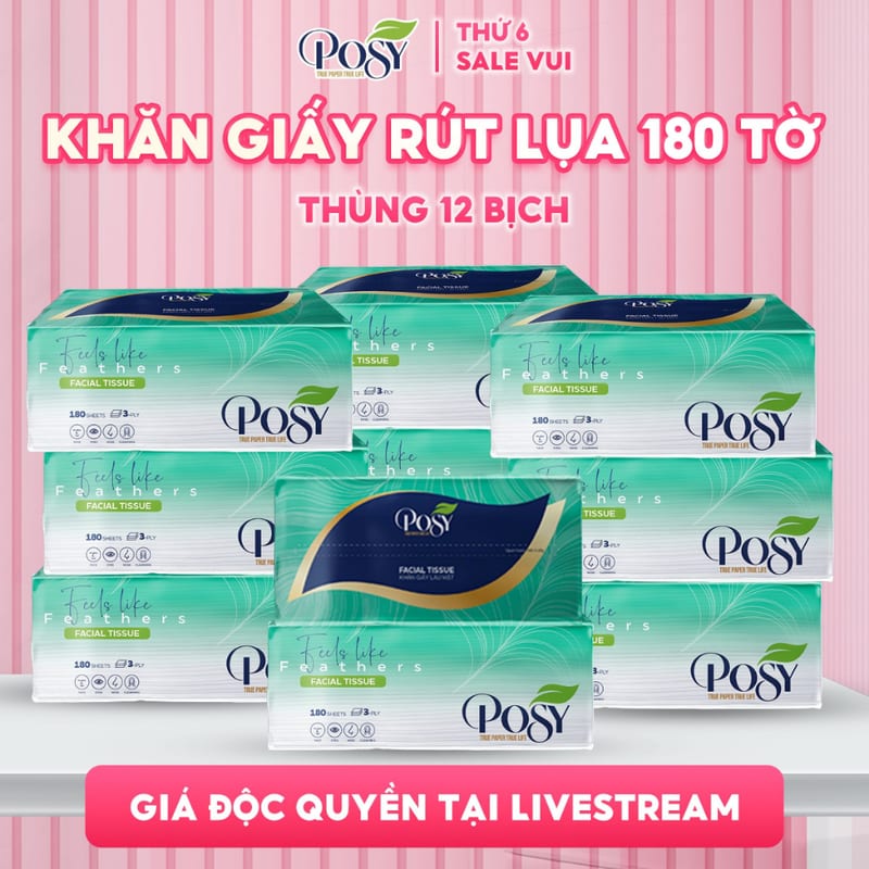 Khăn giấy lau mặt rút Posy 180 tờ 3 lớp